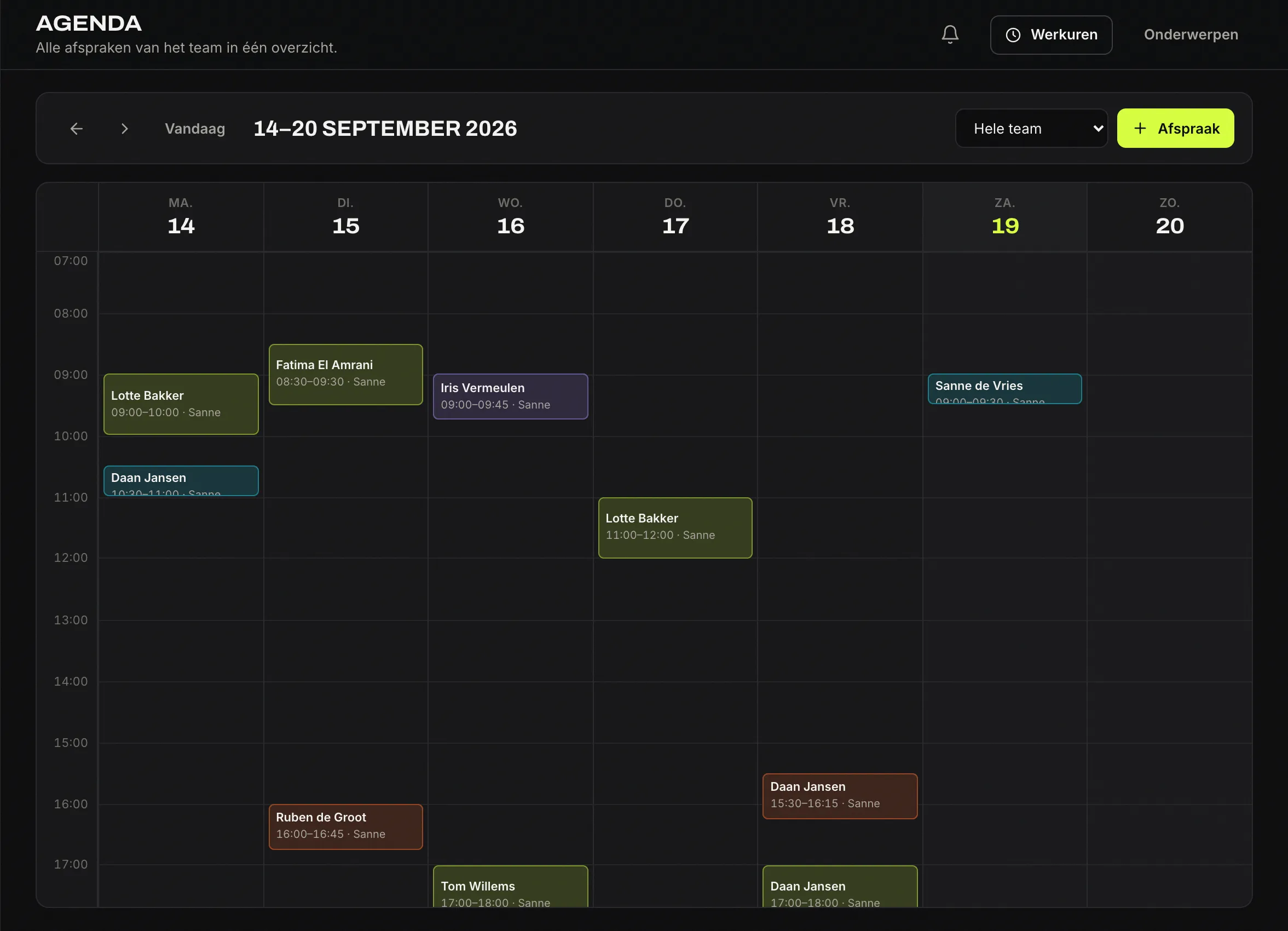 De weekagenda van GymChef met afspraken van het team, per trainer gekleurd.