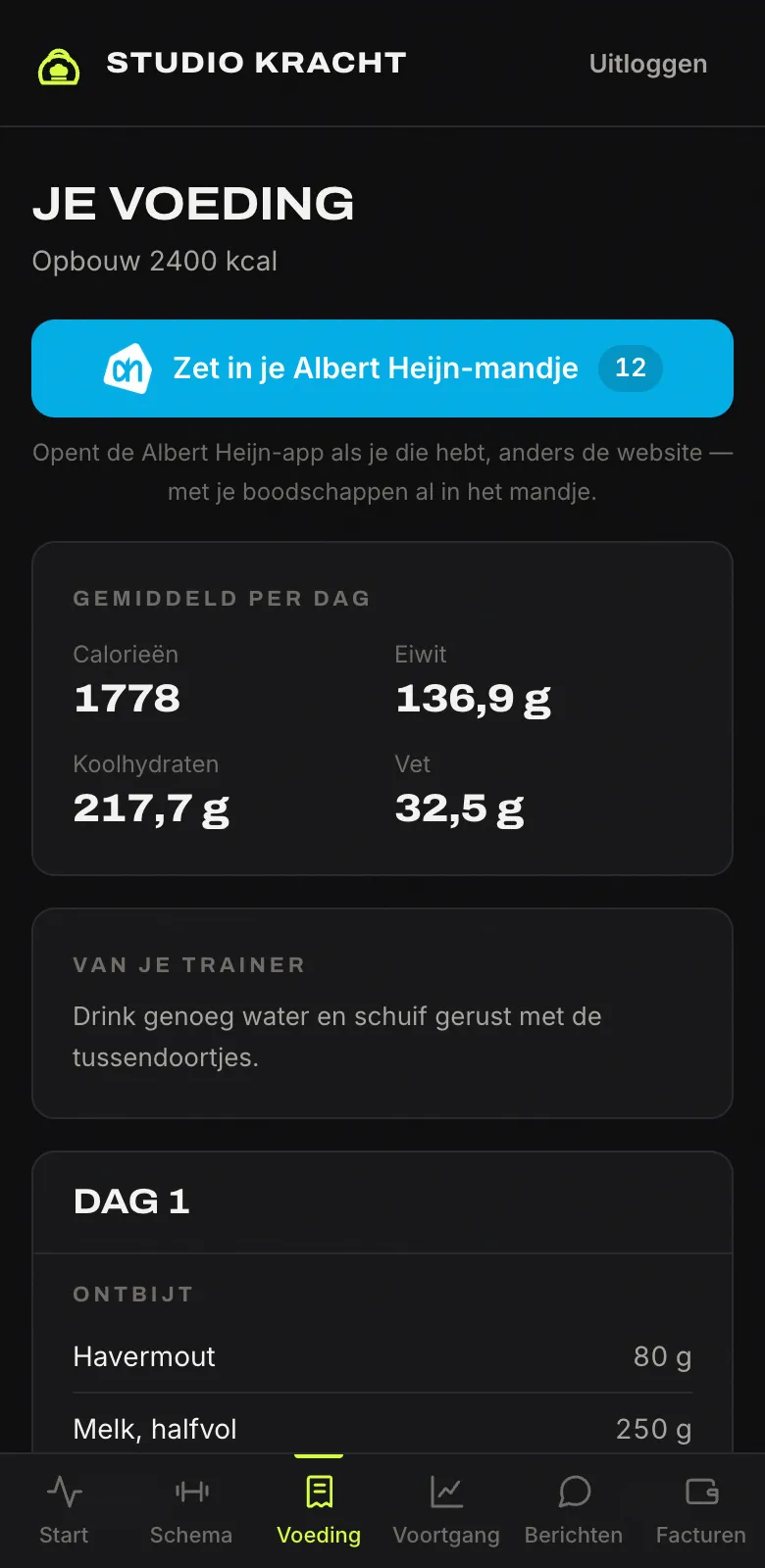 Het klantportaal op een telefoon, met de knop naar het Albert Heijn-mandje.