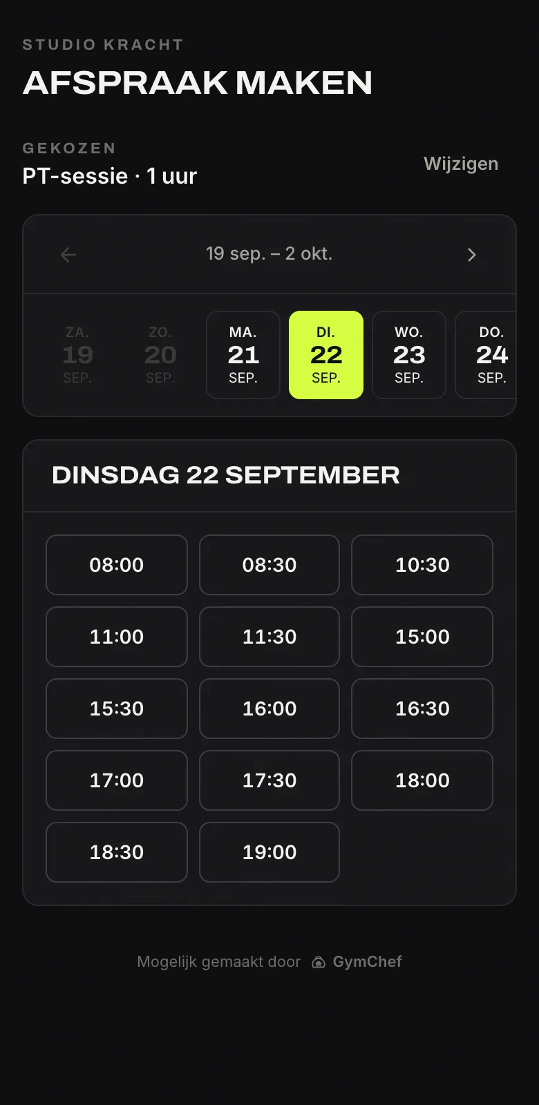 De boekingswidget op een telefoon, met de vrije tijden van dinsdag.